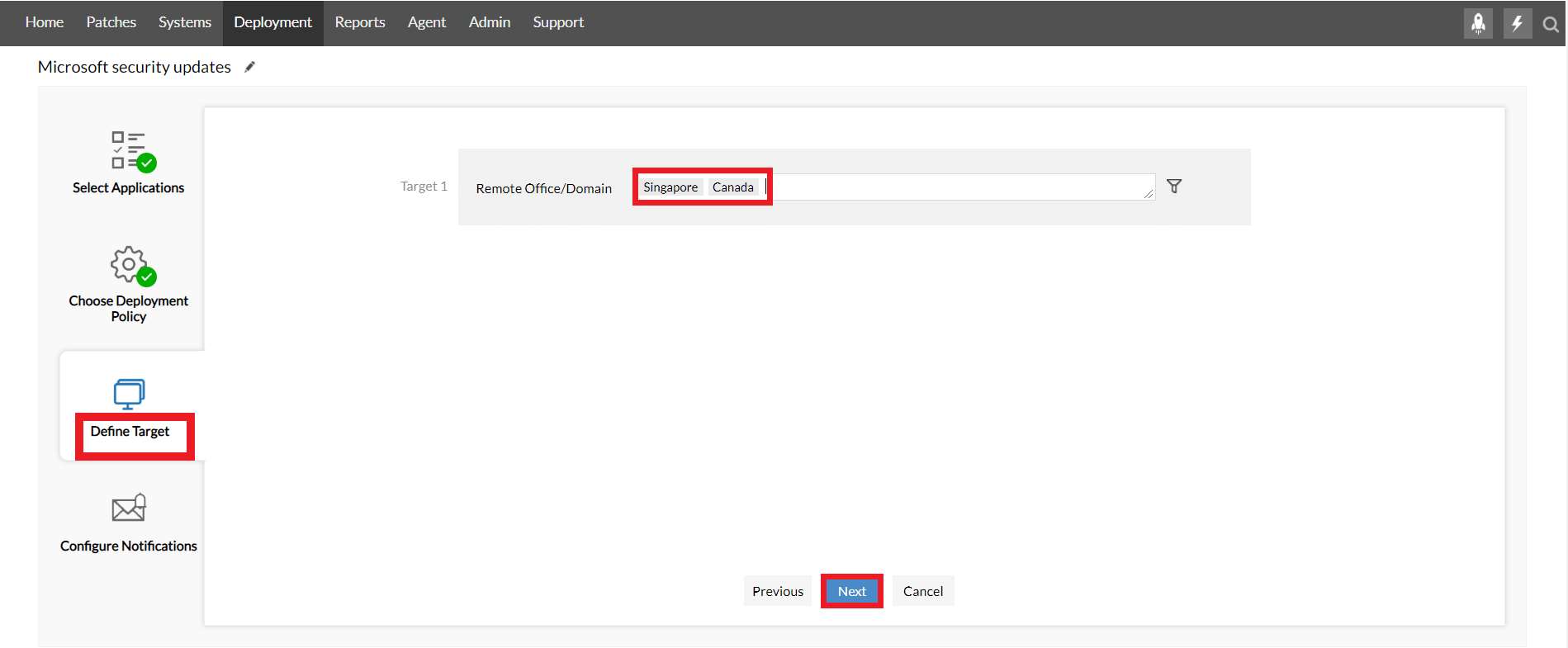 Choosing the remote office or domain for deploying patches