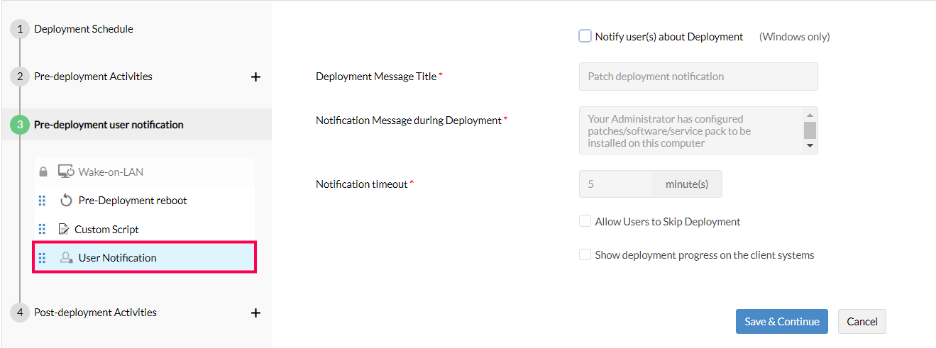 Pre-deployment user notification patch deployment policy
