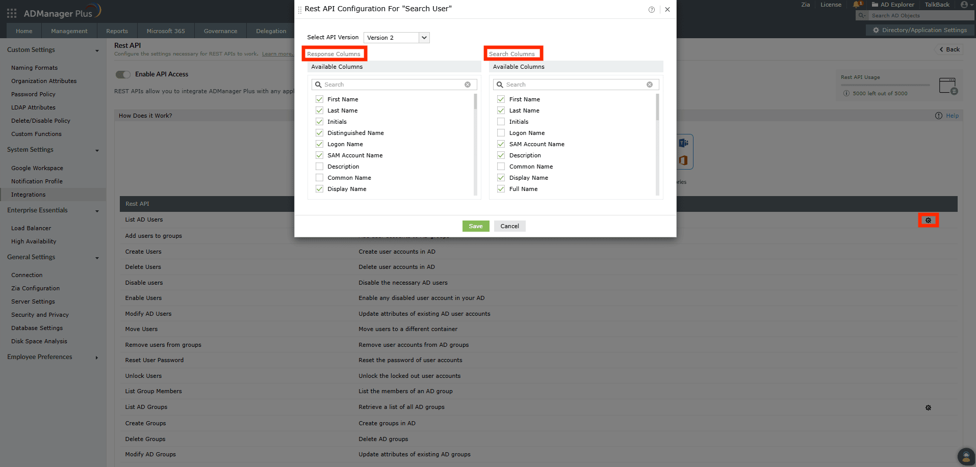 REST API response and search column configuration pop-up in ADManager Plus.