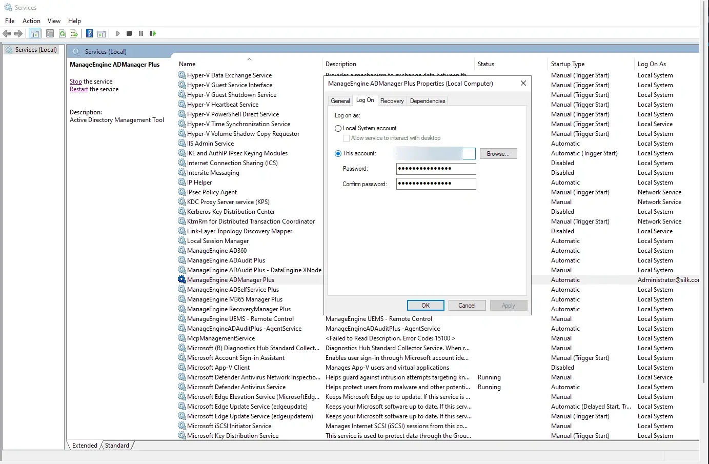 Configuring the ADManager Plus service logon account in Windows Services 