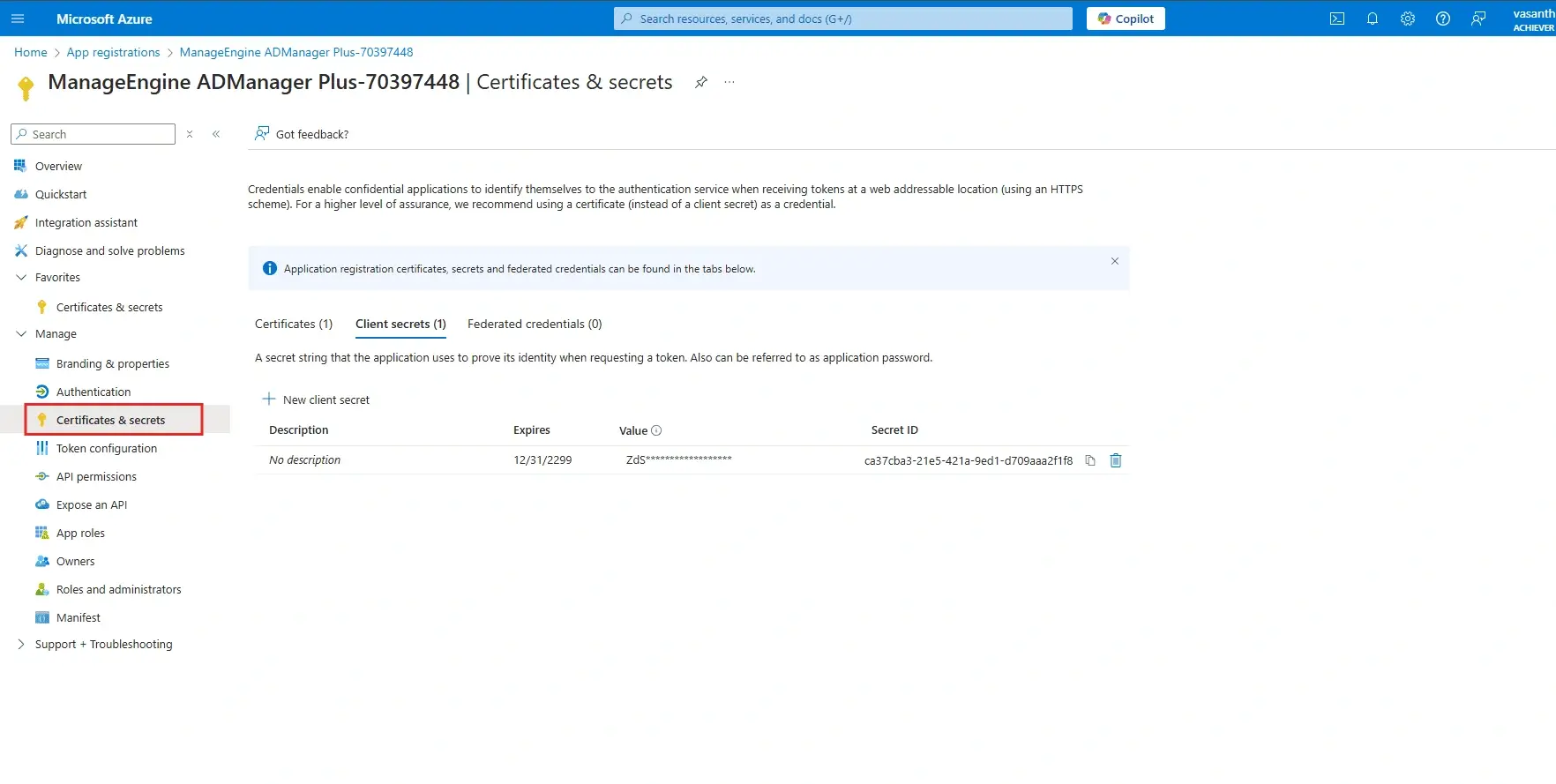 Viewing client secrets for the ADManager Plus application in Microsoft Azure