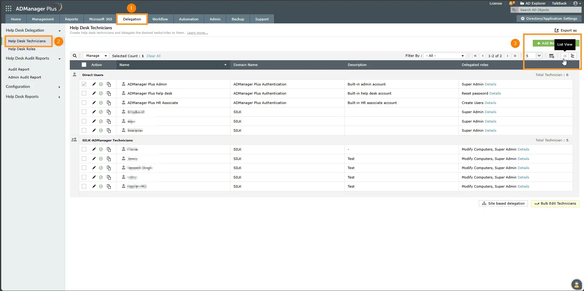 Navigating to the Help Desk Technicians page and switching to list view in ADManager Plus