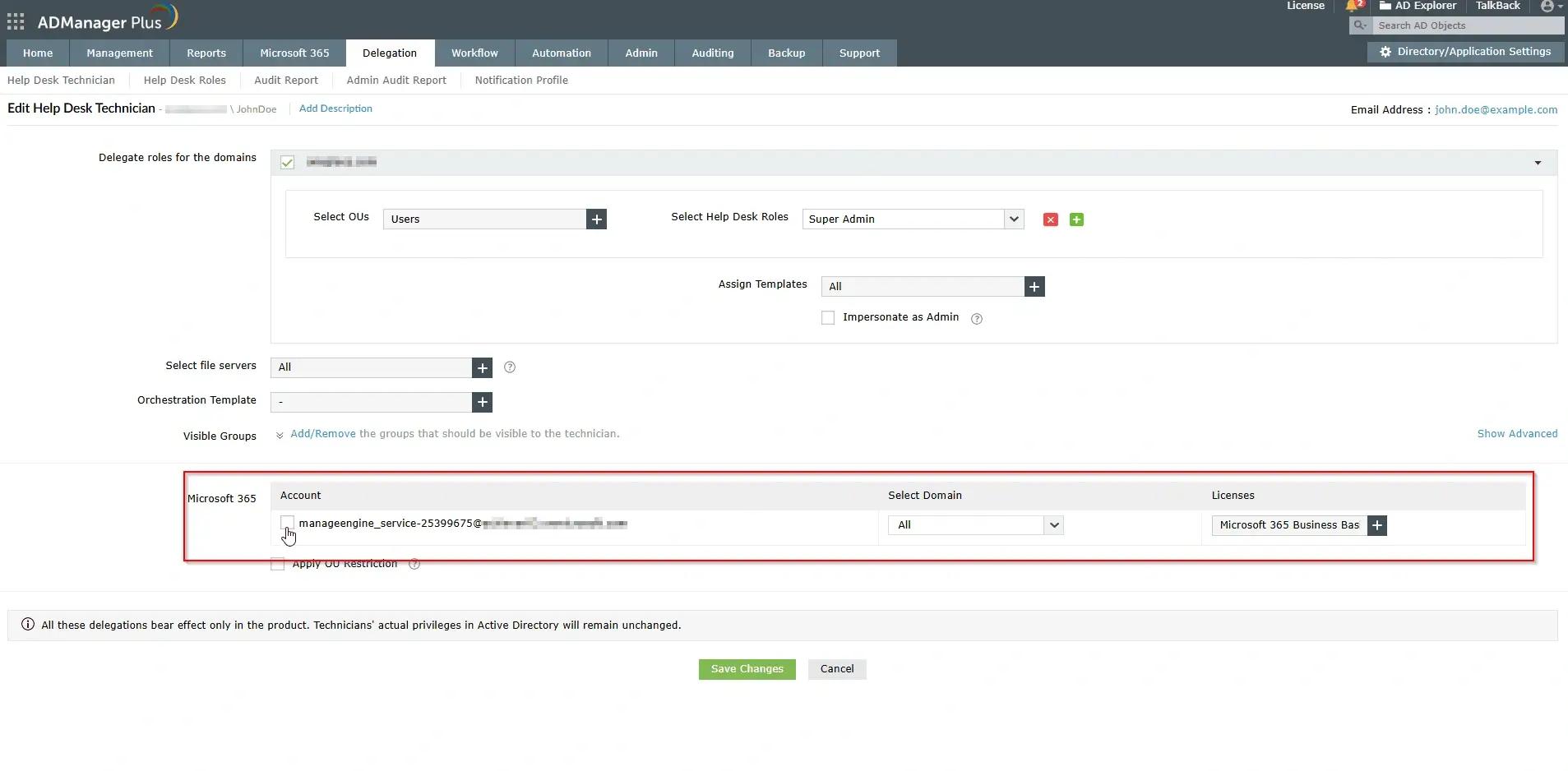 Assigning Microsoft 365 accounts, domains, and licenses to a Help Desk Technician in ADManager Plus