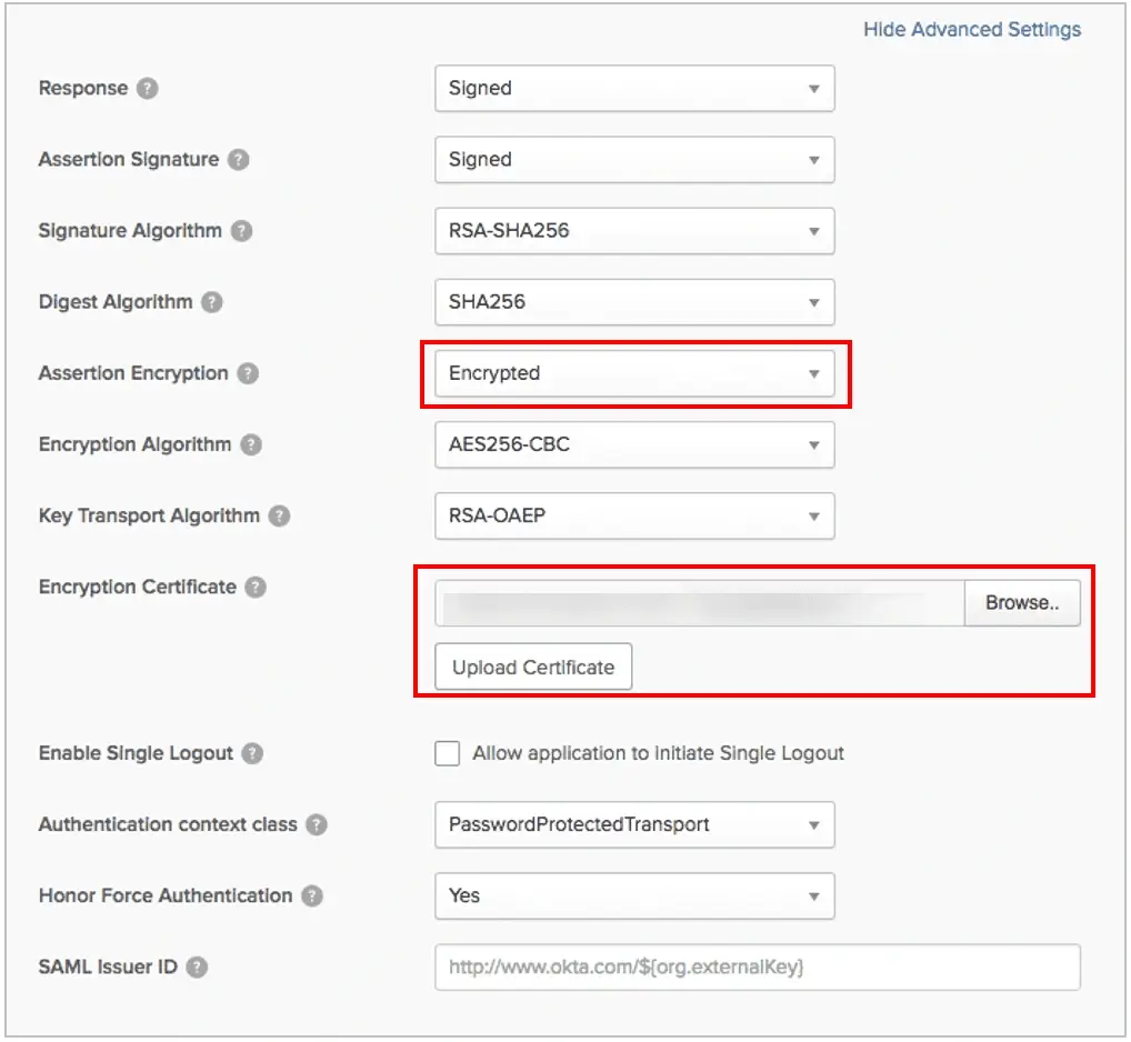 Configuring assertion encryption and uploading an encryption certificate in Okta