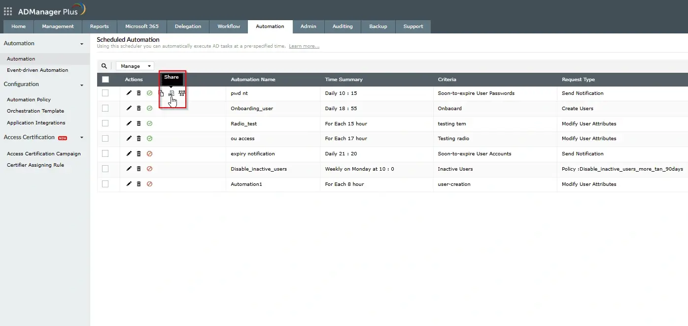 Sharing a scheduled automation configuration in ADManager Plus 