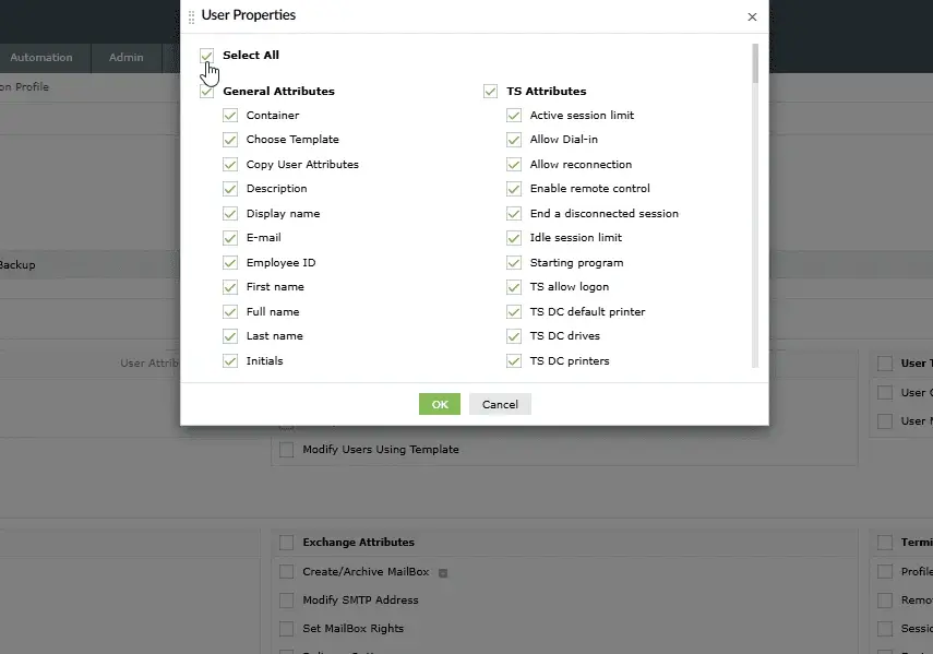Selecting user attributes for technician permissions in ADManager Plus