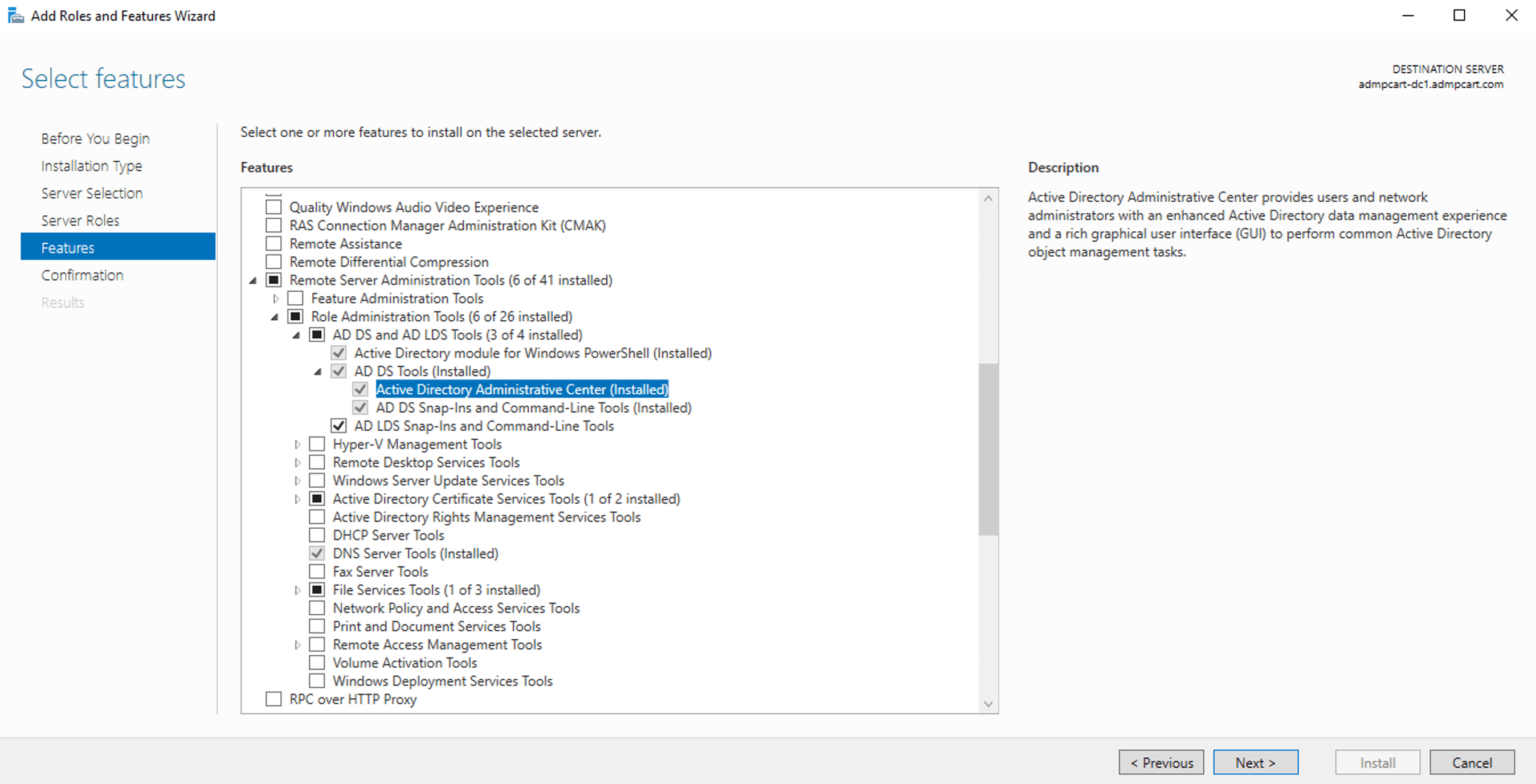 Selecting Role Administration Tools while installing Active Directory Administrative Center