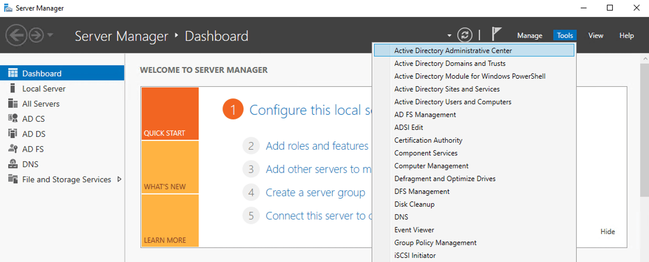 Opening Active Directory Administrative Center from Server Manager