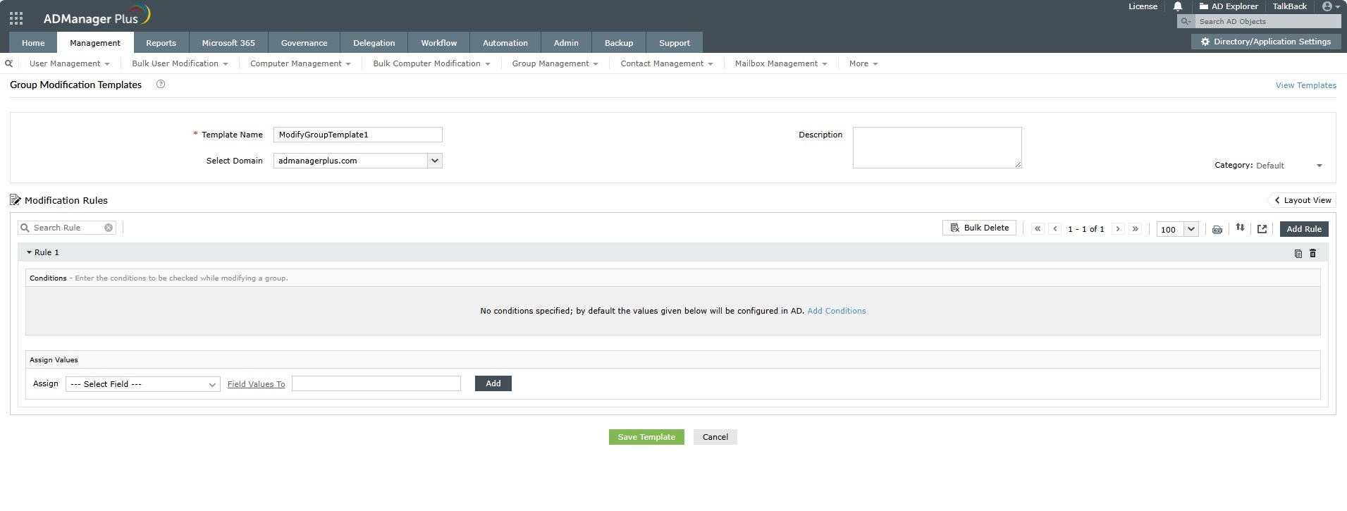 How to update active directory groups using modification rules in a template.