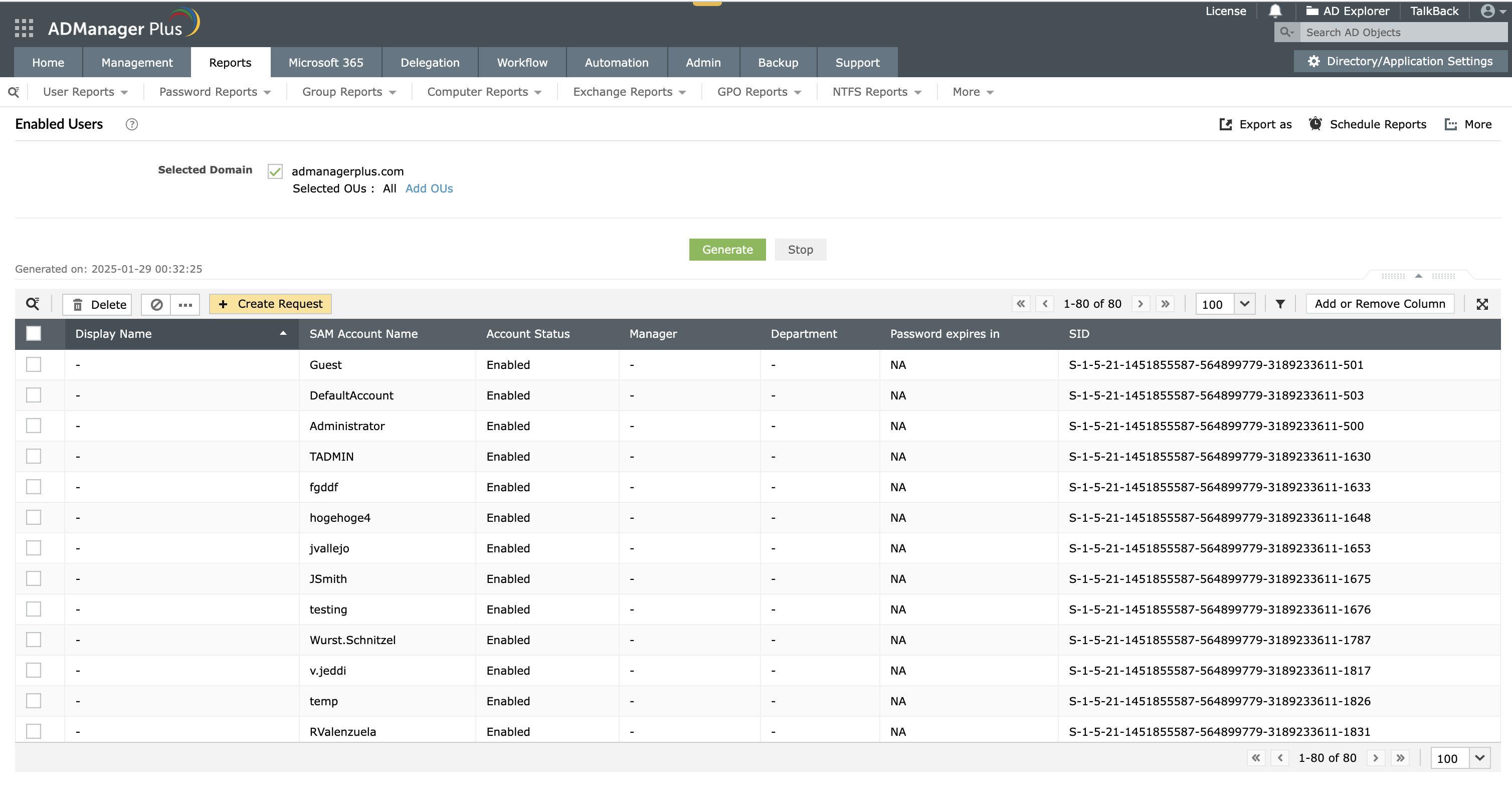 The Enabled Users report generated in ADManager Plus