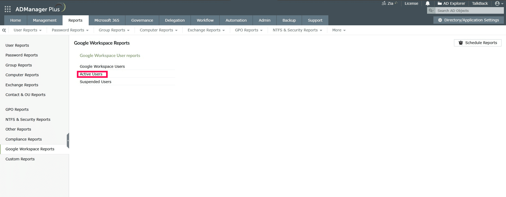 How to get Google Workspace active users report using ADManager Plus