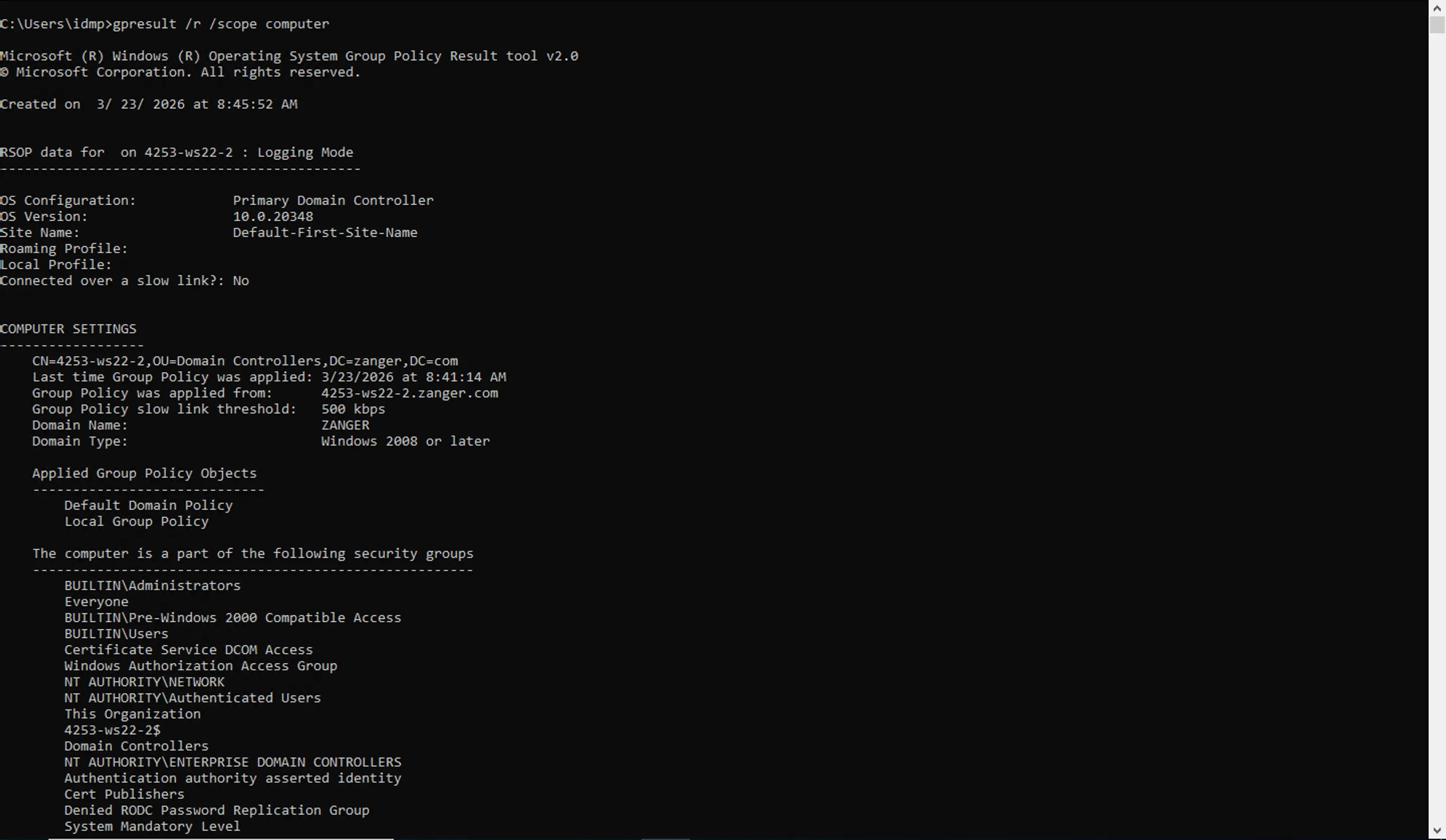 gpresult /r /scope computer output showing computer-only GPO results on a DC