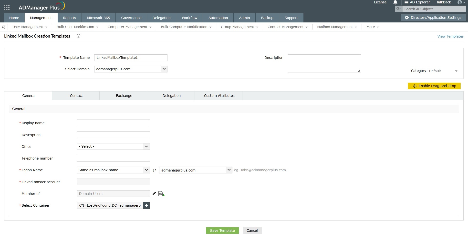 How to create a linked mailbox in Exchange using templates in ADManager Plus