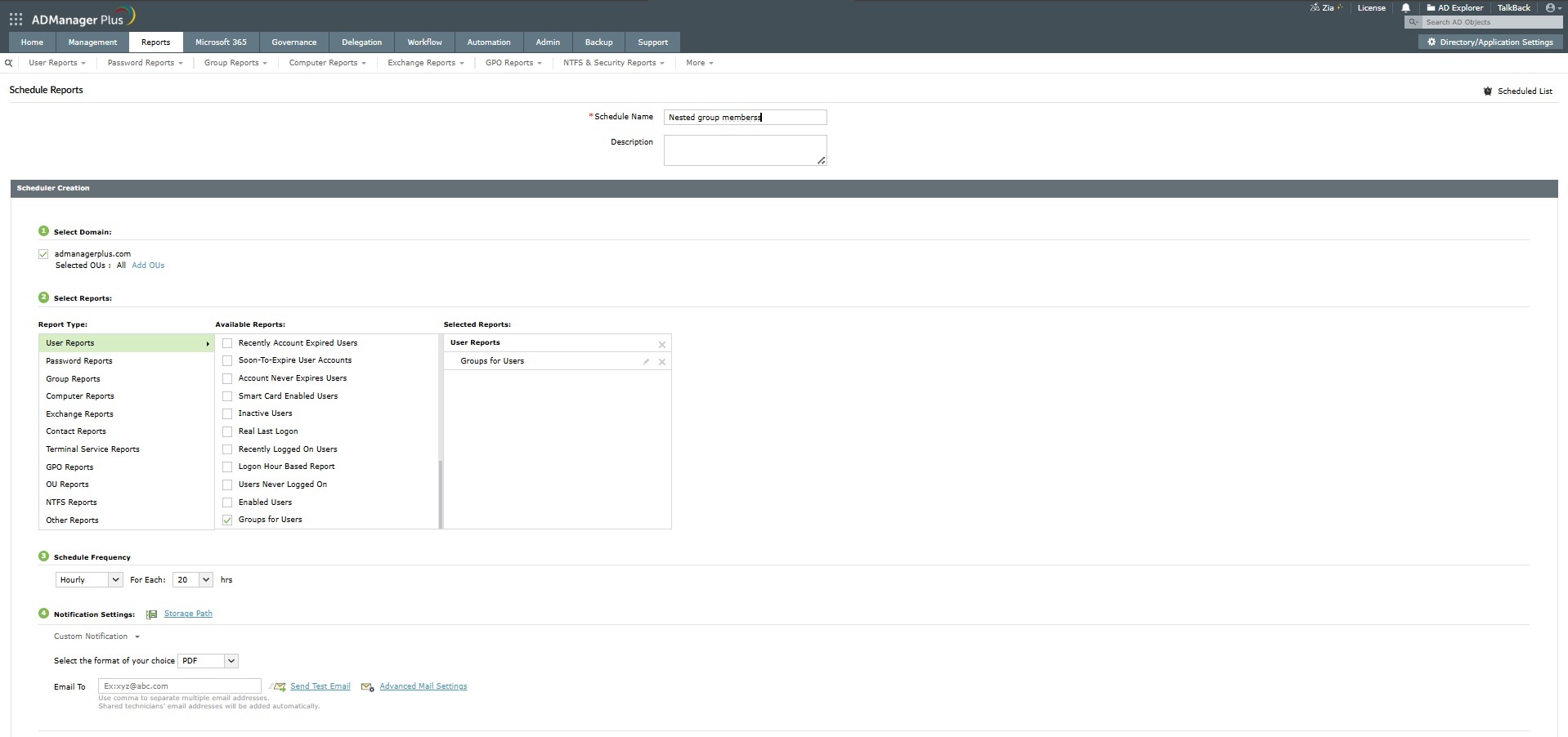 Schedule nested group membership report in Active Directory using ADManager Plus
