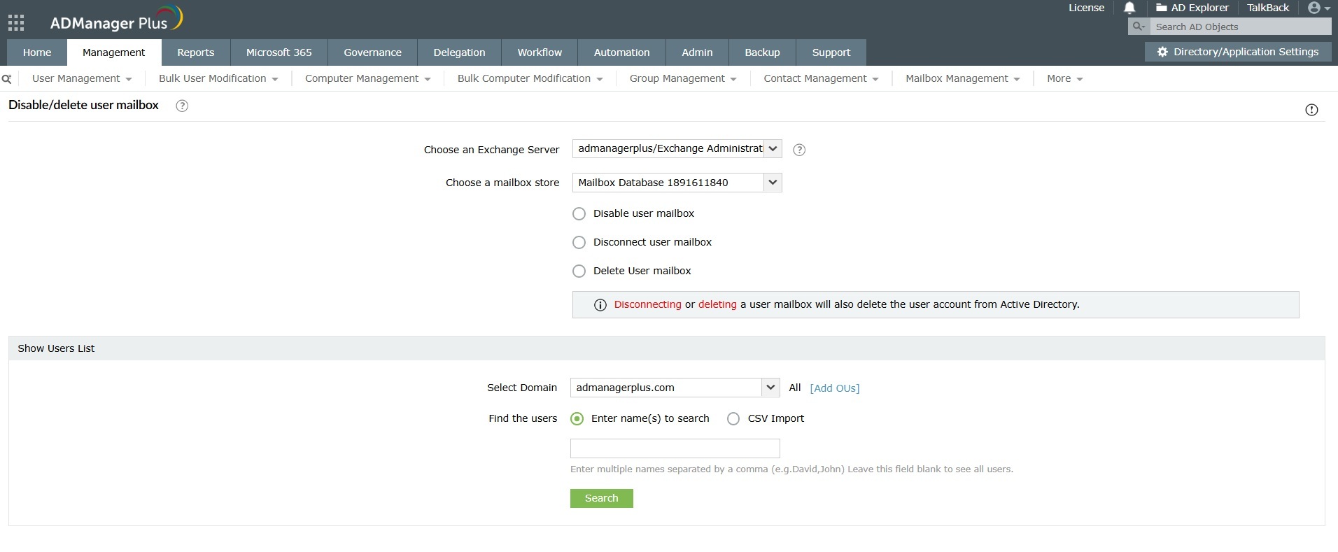 How to delete user mailbox in Active Directory using ADManager Plus
