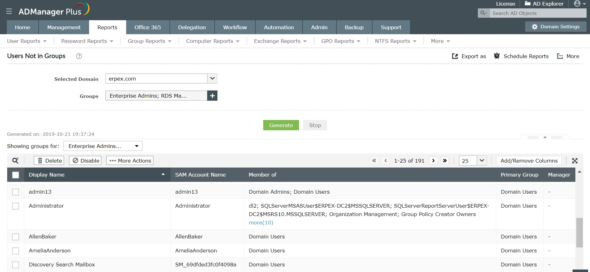 Users not in groups report