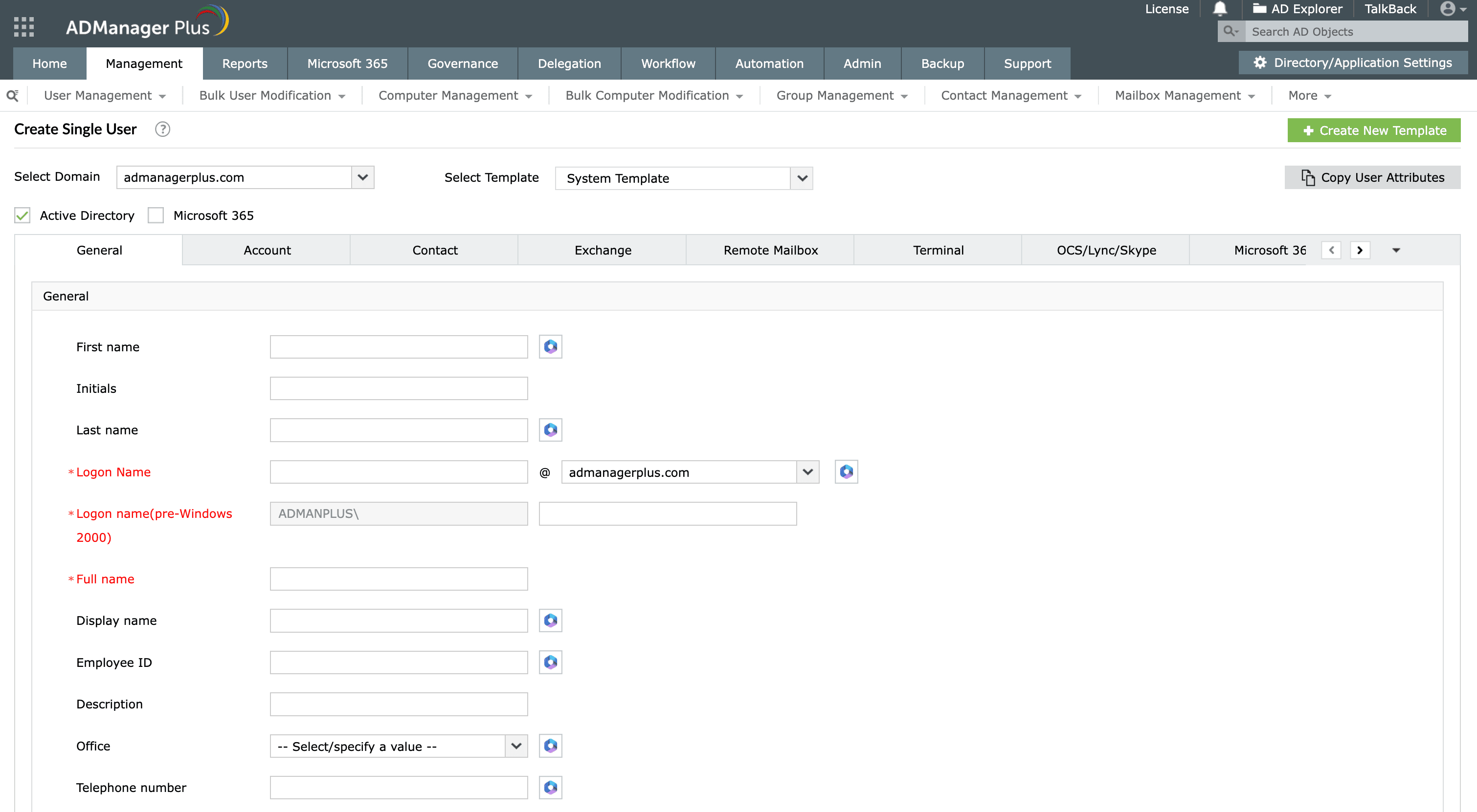 Creating a new user in AD using ADManager Plus.