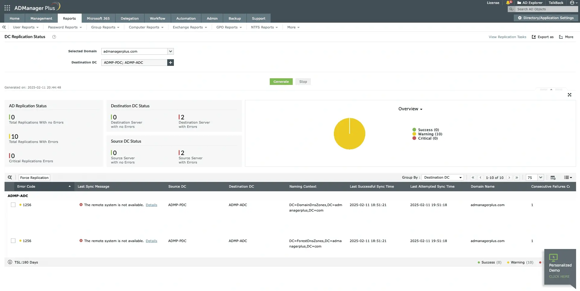 Forcing AD replication using the DC Replication Status report in ADManager Plus