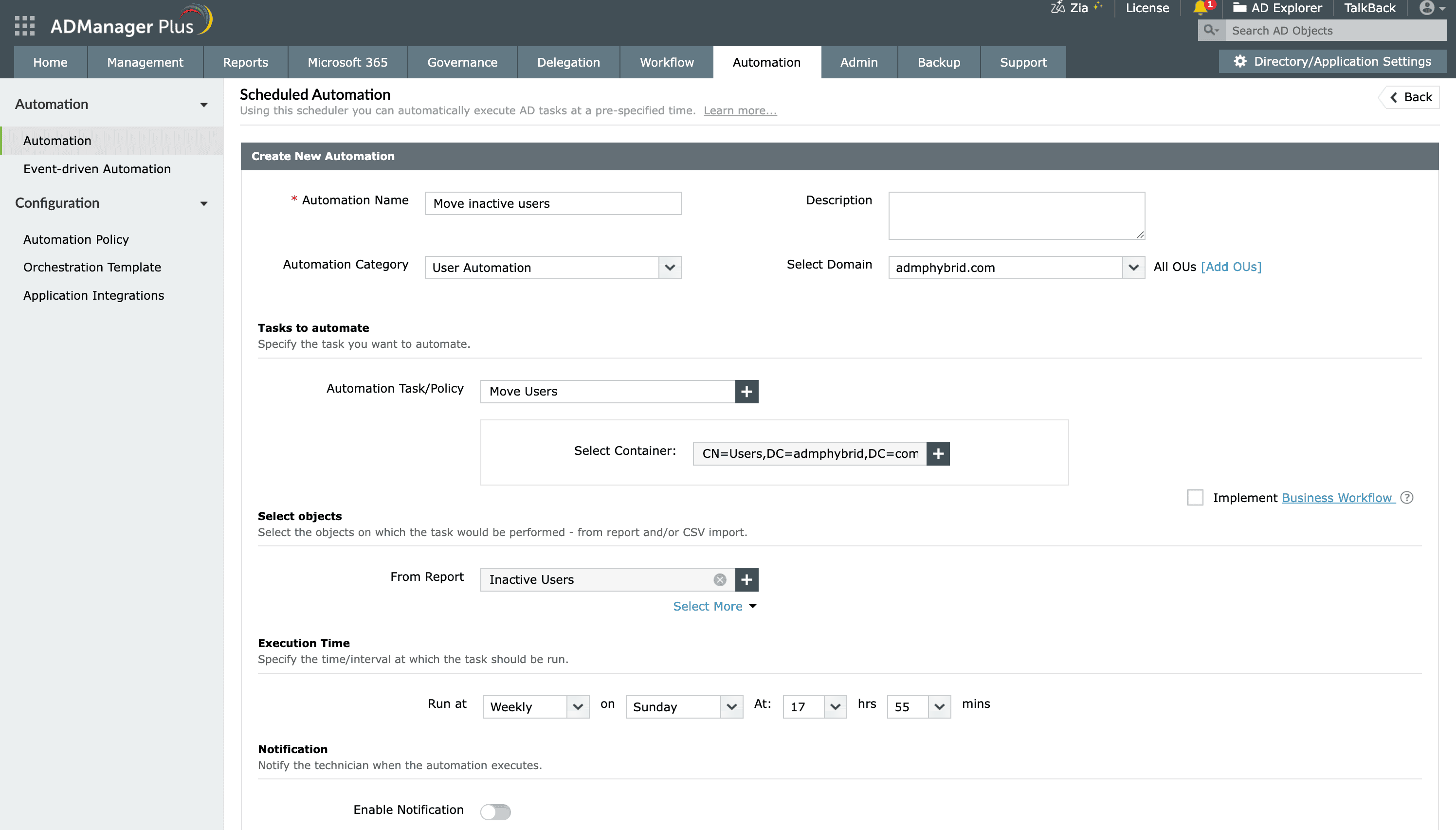 Configuring an automation to move inactive Active Directory users to an OU using ADManager Plus