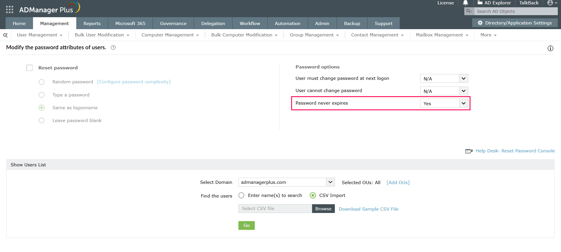 Using ADManager Plus to set the password to never expire for AD users.