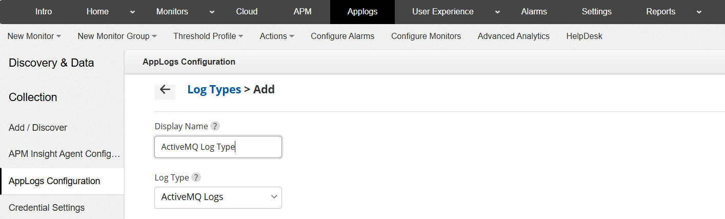 Add Log Type page display details