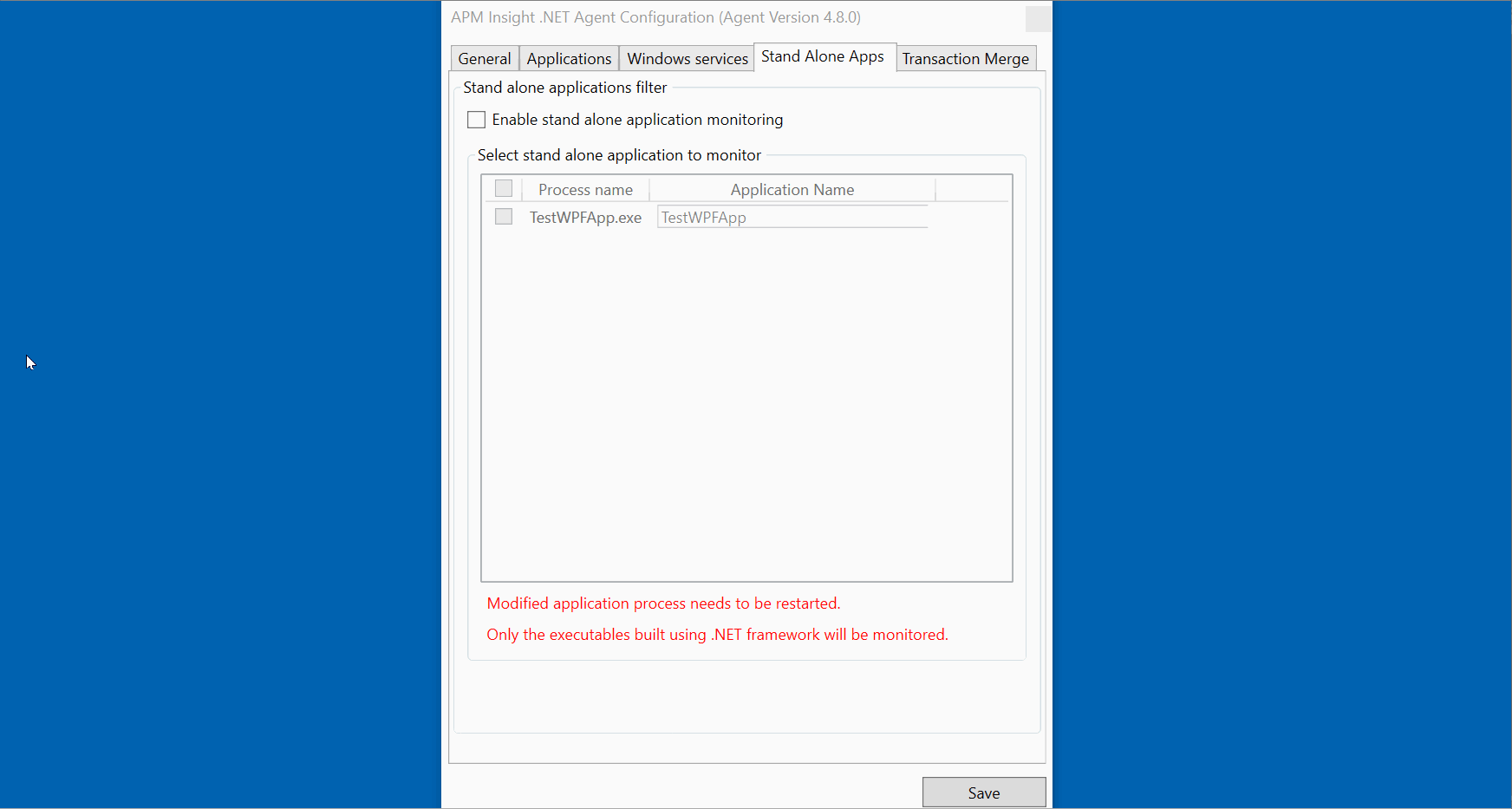 Applications Manager Windows Desktop Application Monitoring: Selecting and entering application name for standalone monitoring in .NET agent configuration window
