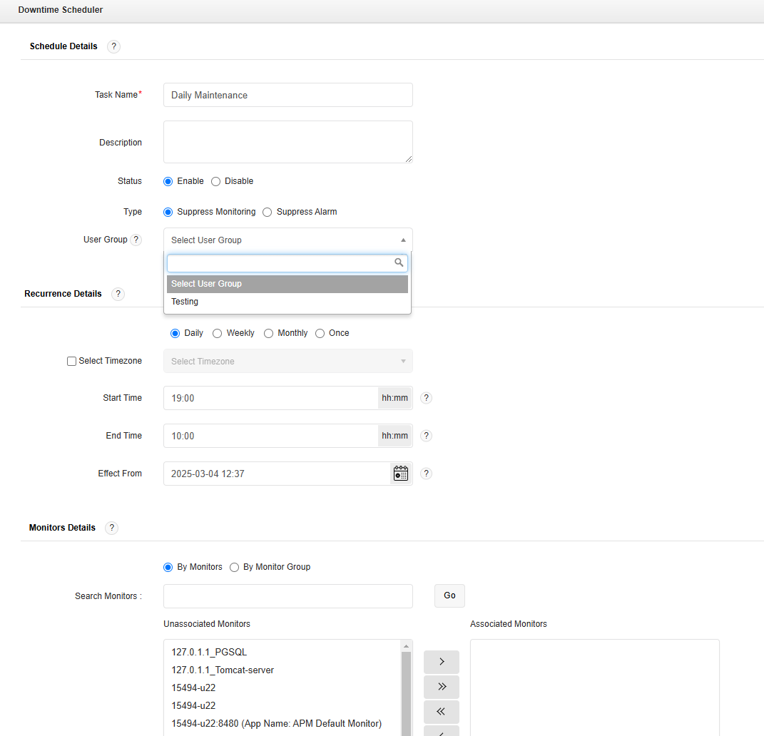 Applications Manager Downtime Scheduler: Creating a new downtime schedule