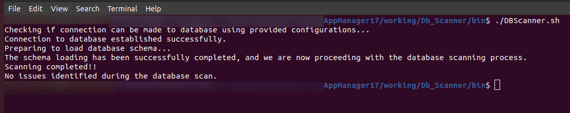 Applications Manager DB Scanner tool: DB scanner command output in terminal
