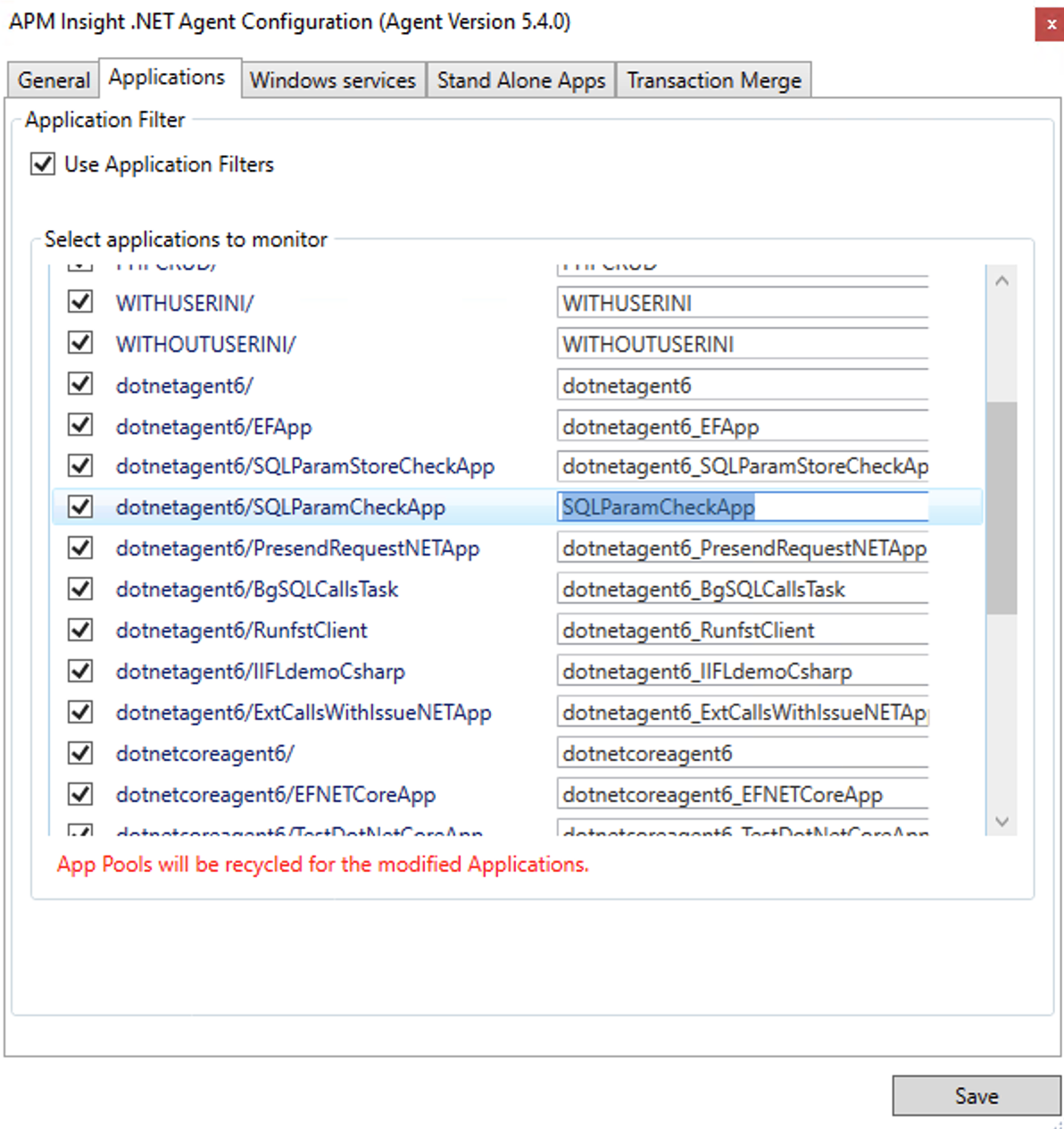 Applications Manager APM Insight .NET agent Configuring App Filters: Using Application filters