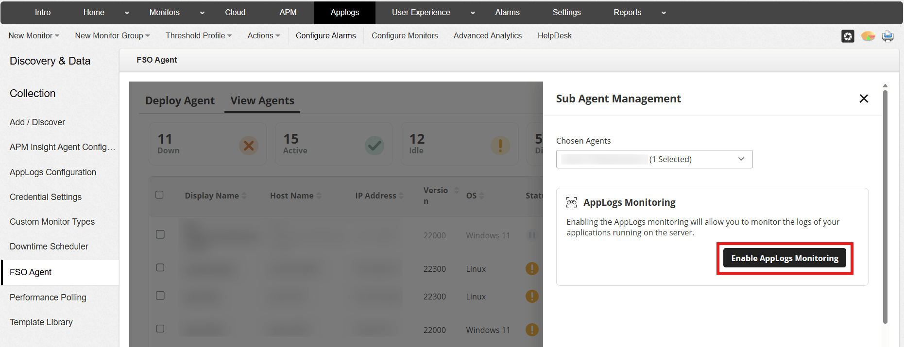 Enable AppLogs Monitoring via Sub Agent panel