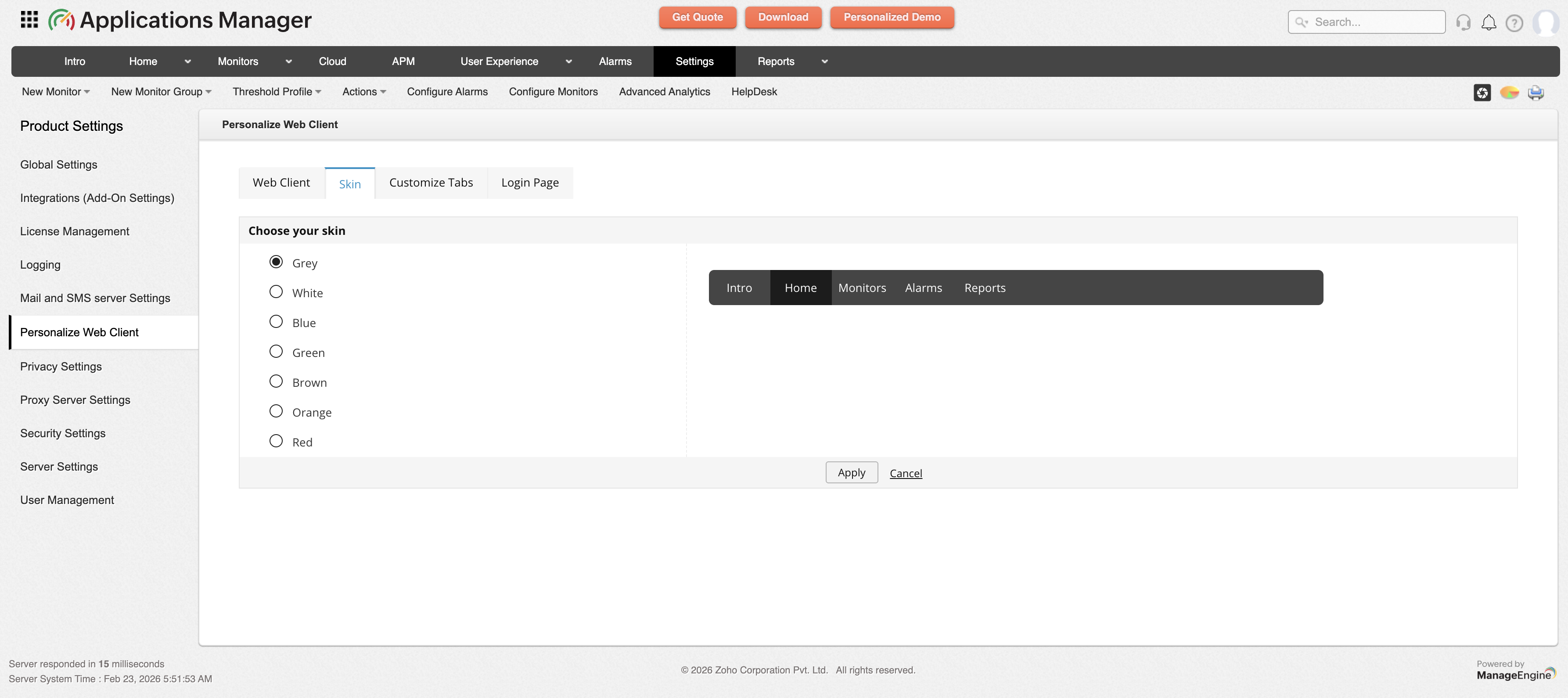 Applications Manager Personalize Web Client: Change skin color
