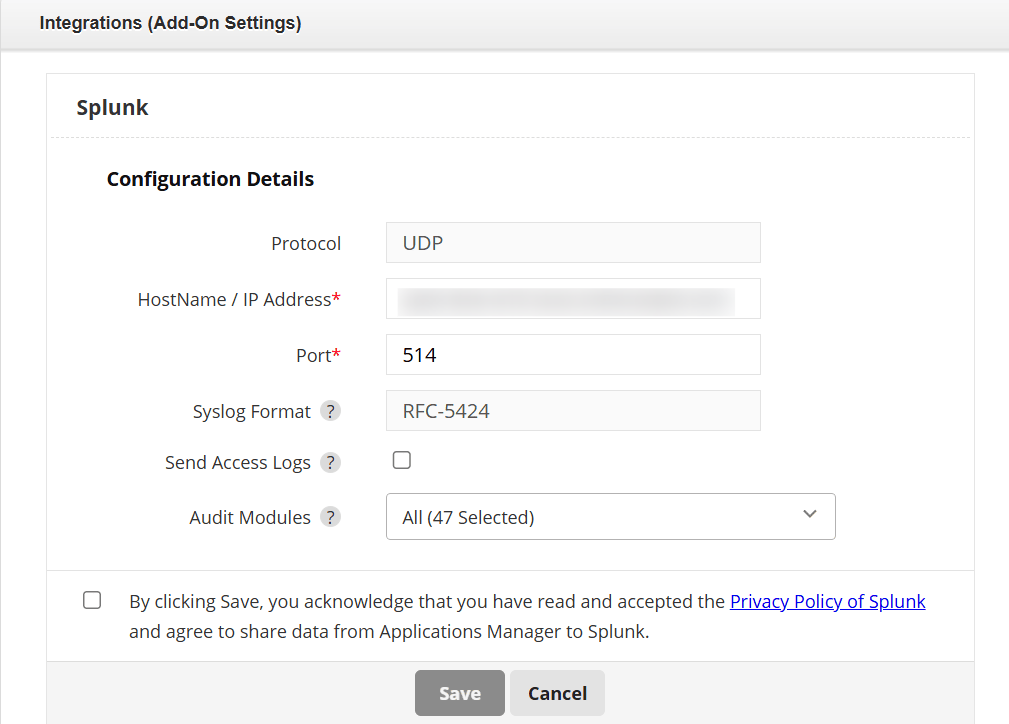 Splunk SIEM Integration configuration page