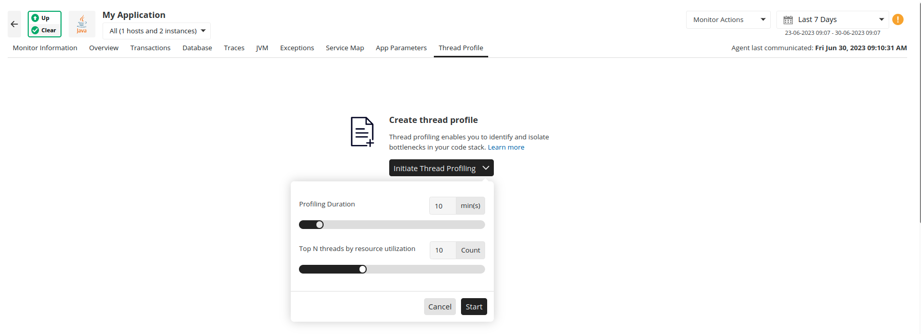 Applications Manager APM Insight: Thread profiling configuration for Top N resource-consuming threads