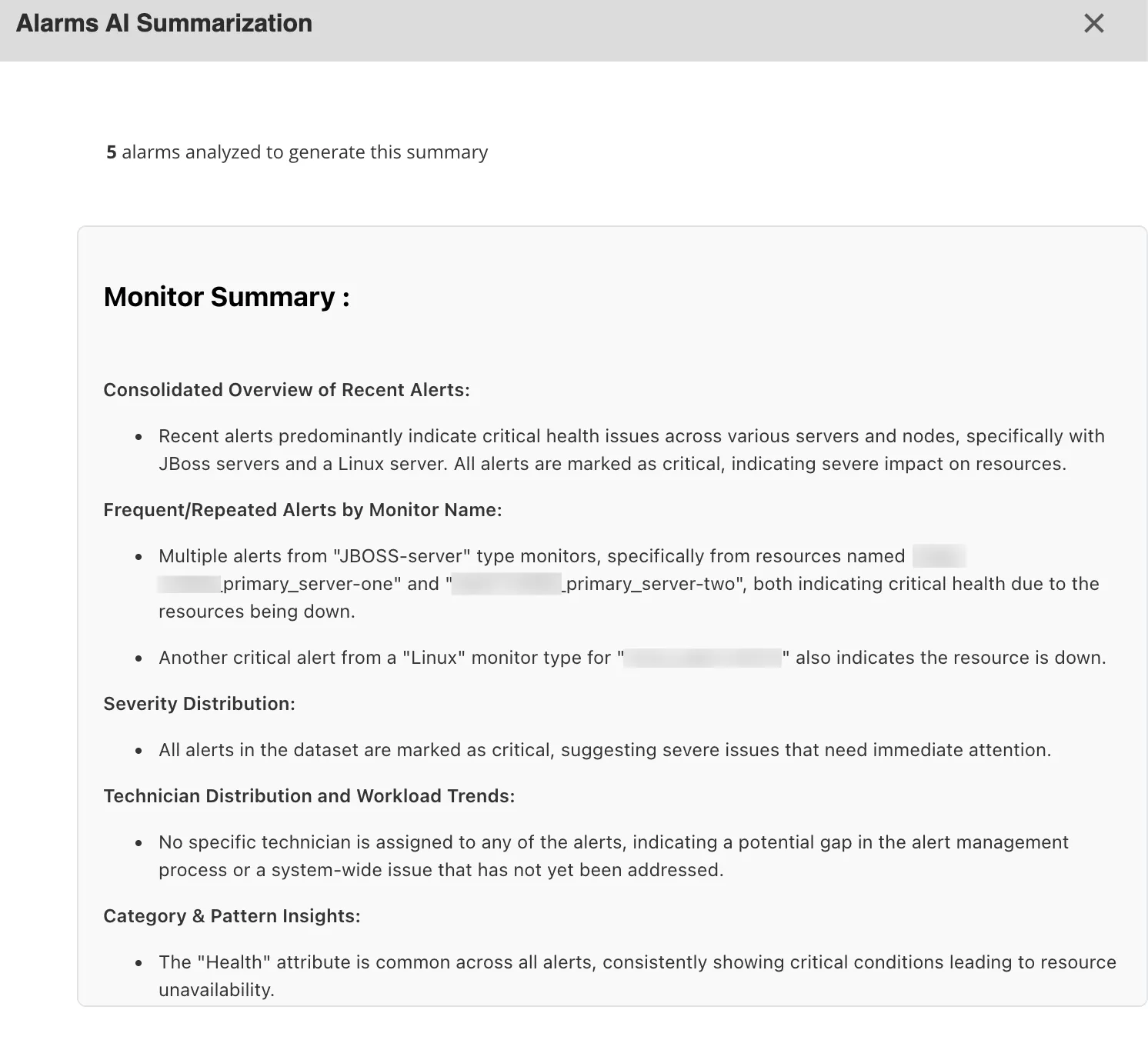 An image showing a consolidated alarm summary in ManageEngine Applications Manager, each insight delivering to a different team/requirement. It is also indicated that the tool leverages AI to summarize alarms and indicate potential root causes.
