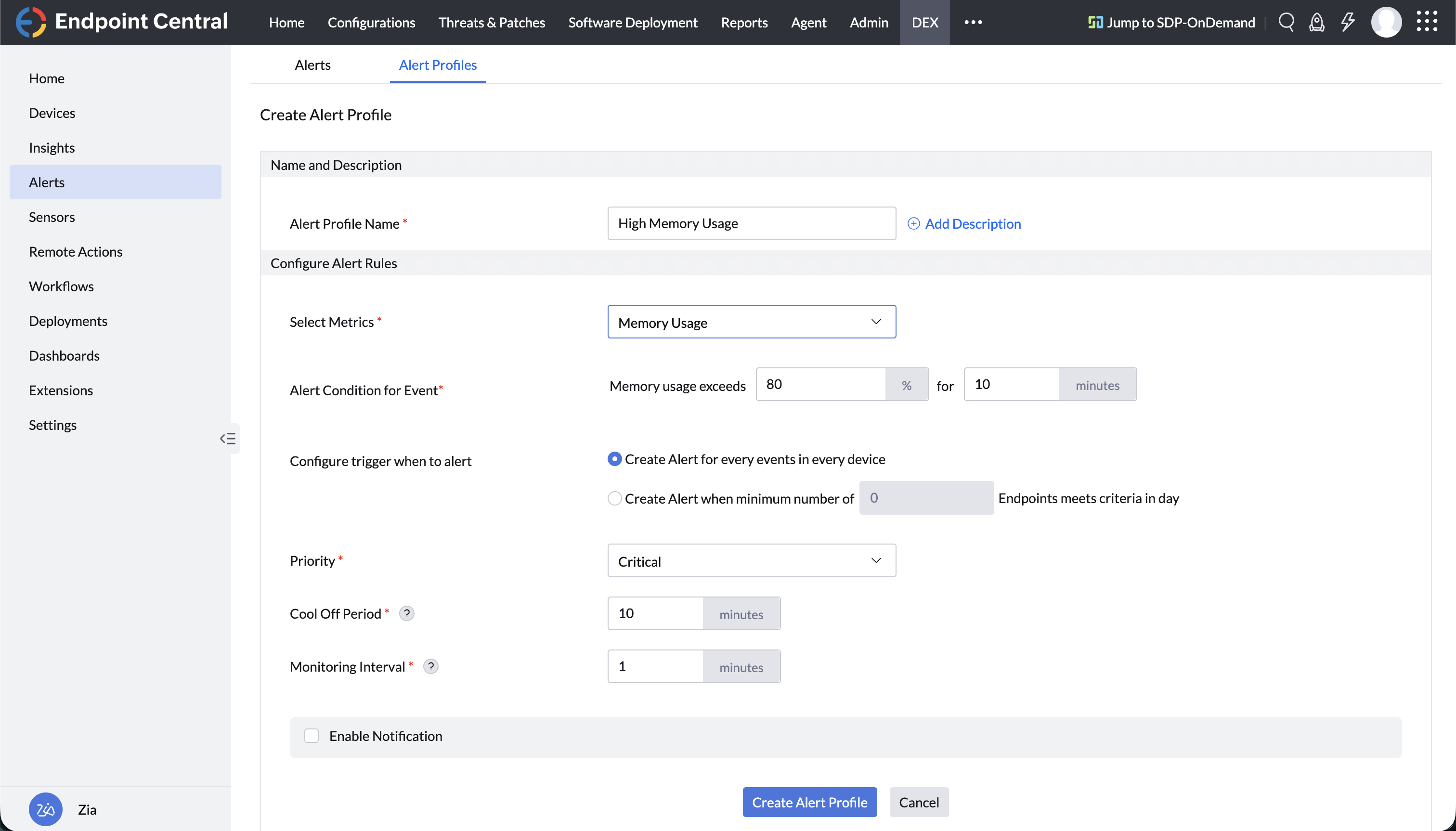 Alert Profile Creation View
