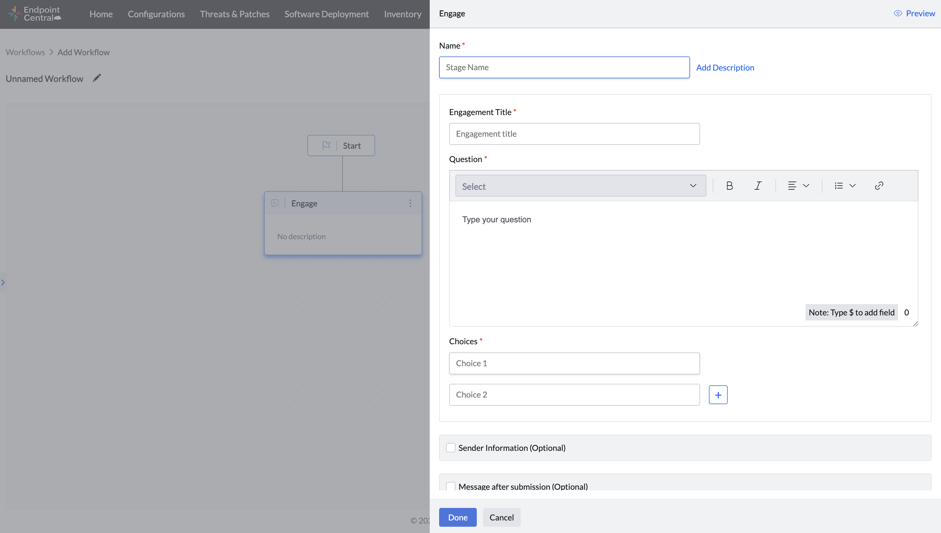 Workflow Engage Stage Configuration View