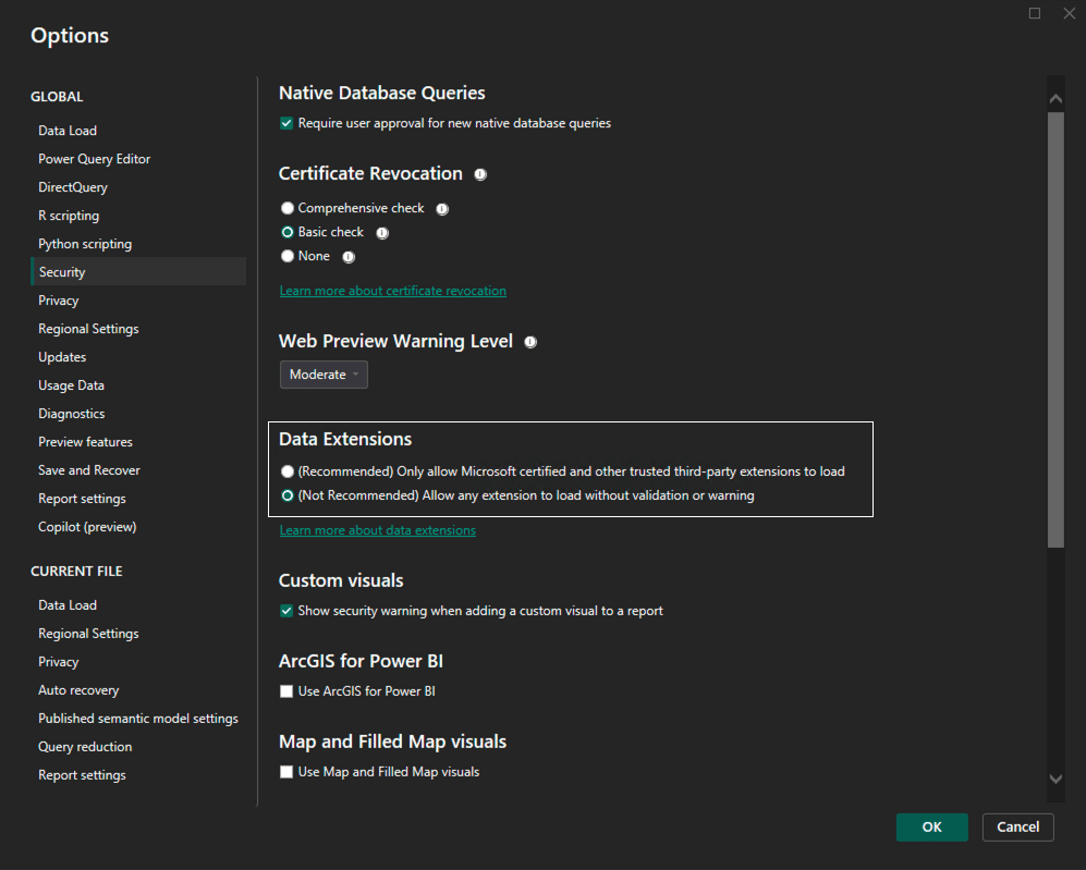 Power BI security settings screenshot