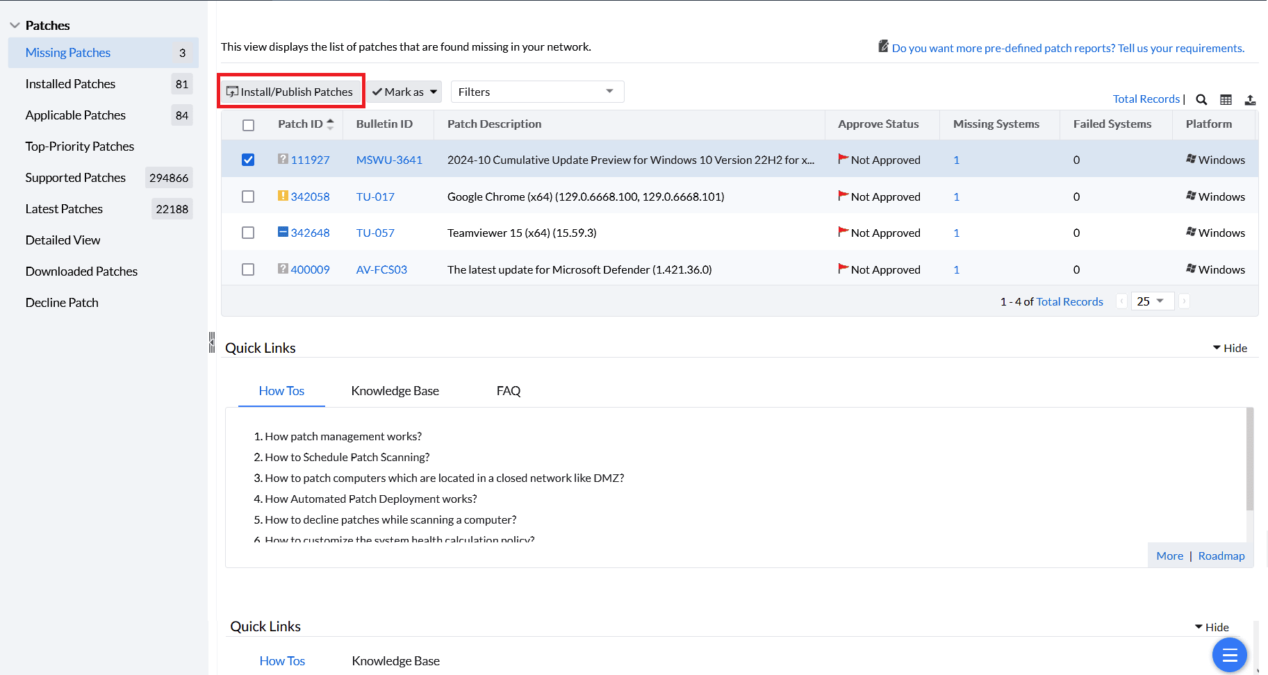 Installation through Missing Patches window