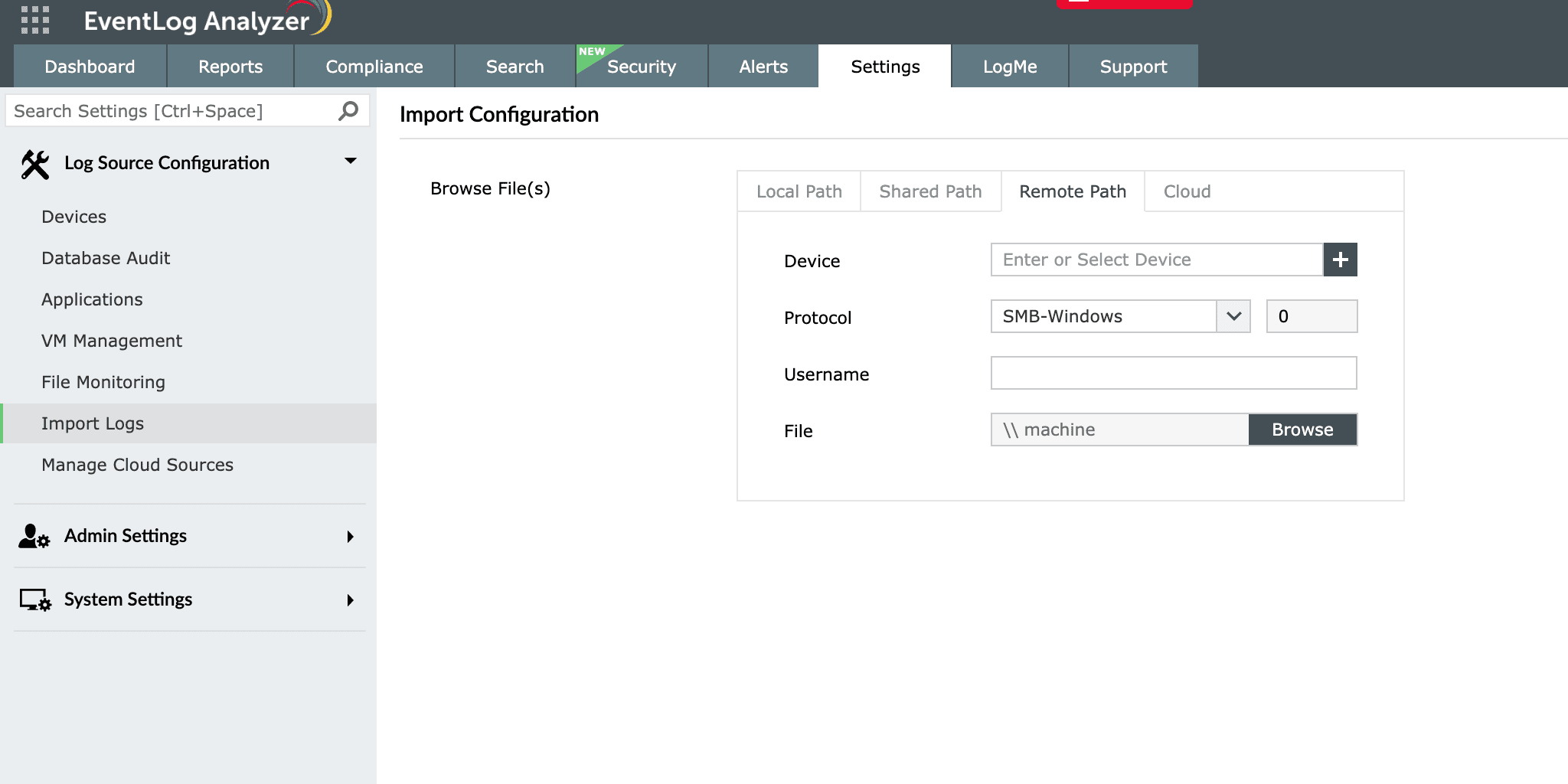 Importing event log files from remote machines. 