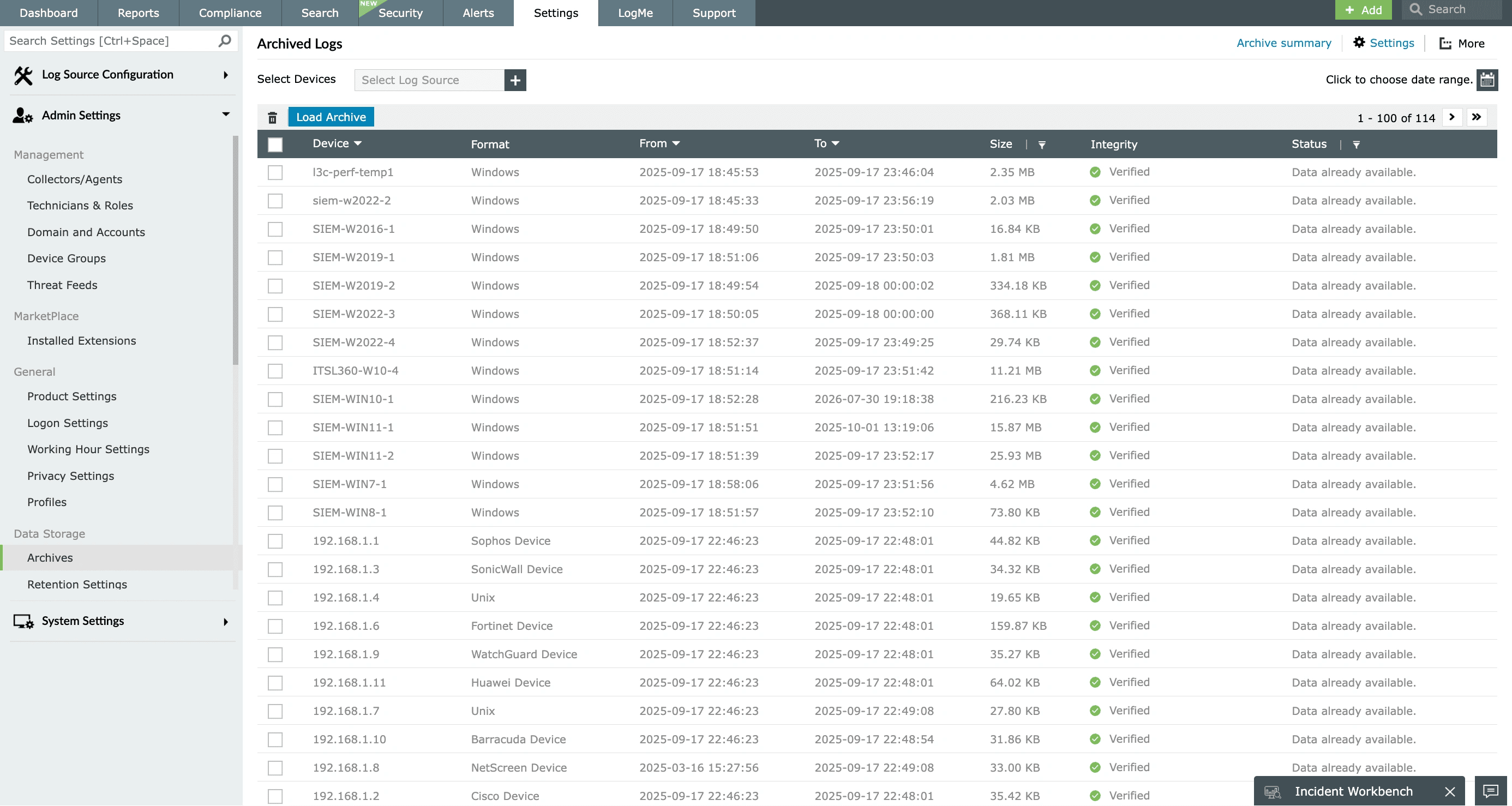 Archives console in EventLog Analyzer for managing retained event logs