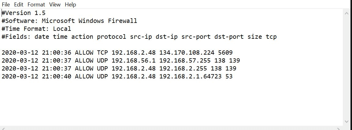 Enabling logging and analyzing Windows firewall logs.
