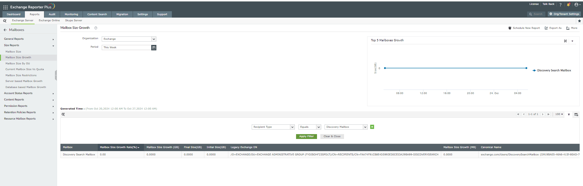 Report showing the growth of discovery search mailbox size in Exchange Reporter Plus