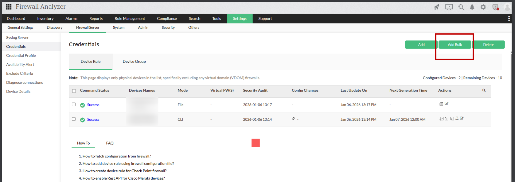 Firewall credentials configuration to fetch configuration and rules in Firewall Analyzer: Device rule