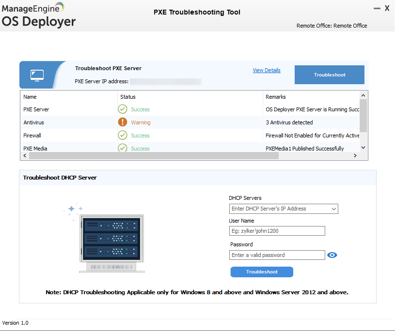 PXE service status summary