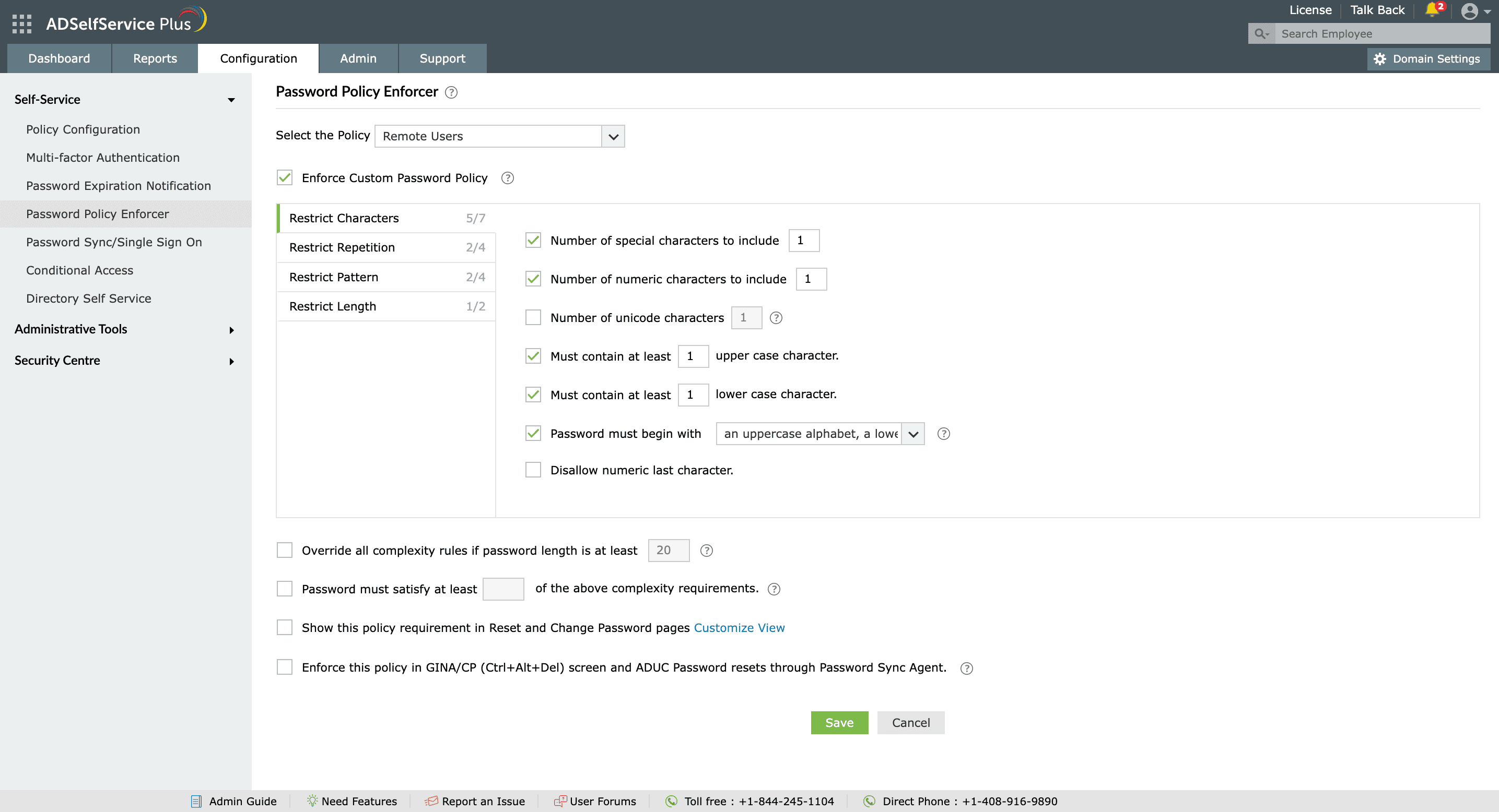 Configuring complex password policy rules using ADSelfService Plus