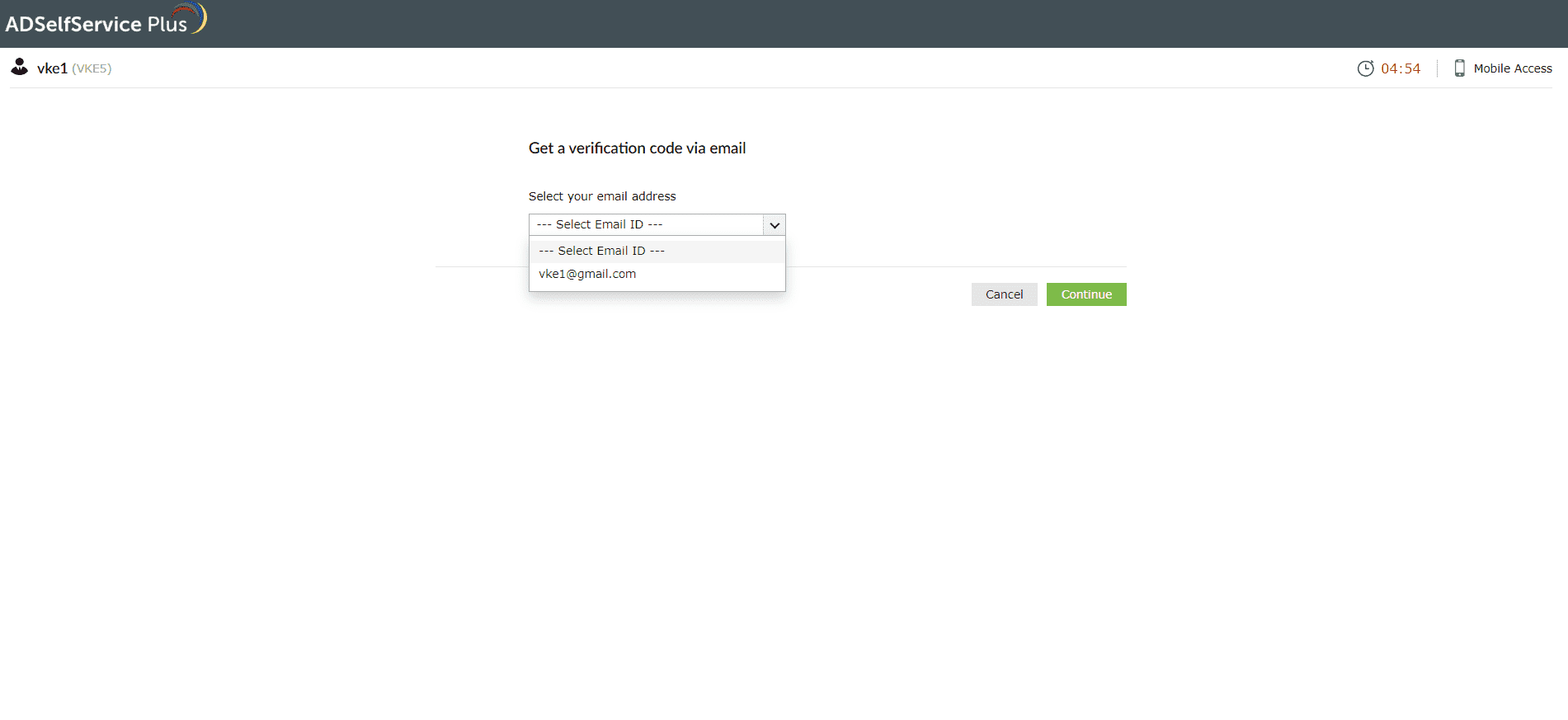 Selecting the email address to receive the verification code