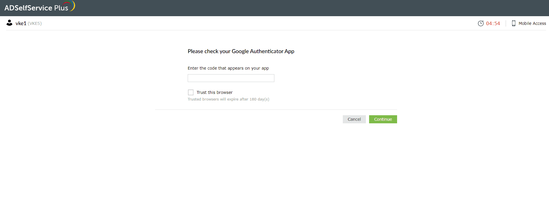 Entering the code from the Google Authenticator app to verify your identity