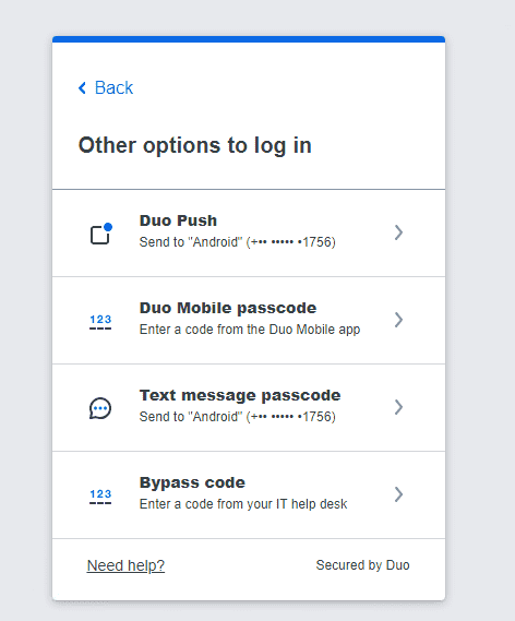 Choosing a Duo Security authentication option