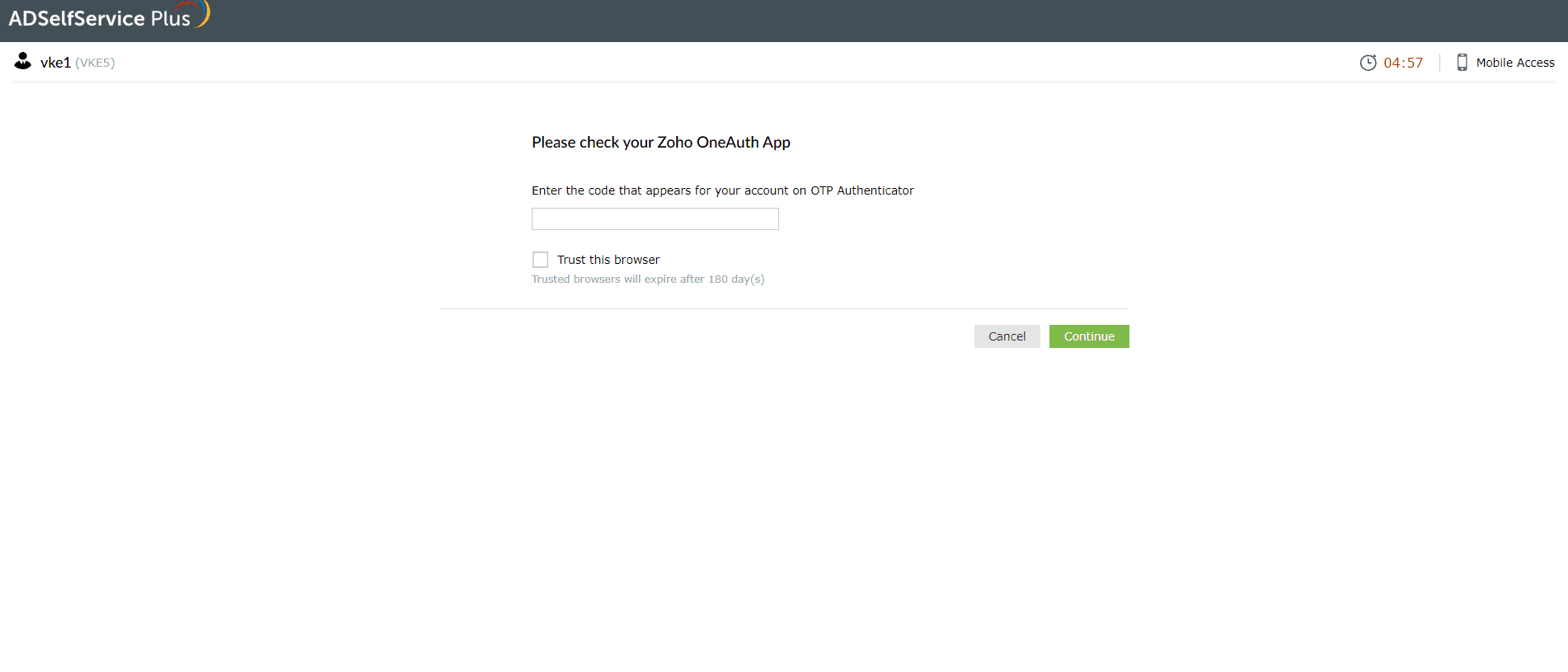 The Zoho OneAuth TOTP verification screen