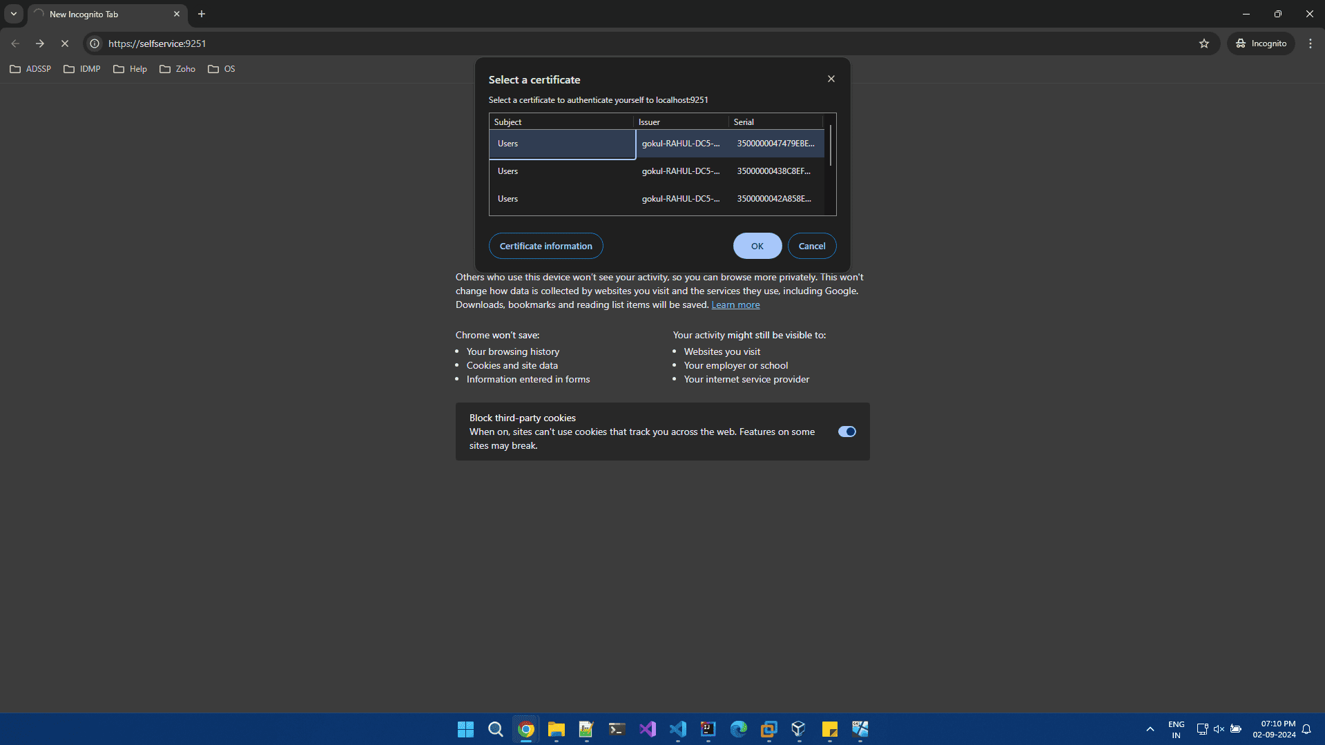 Choosing a smart card certificate during a web-based login